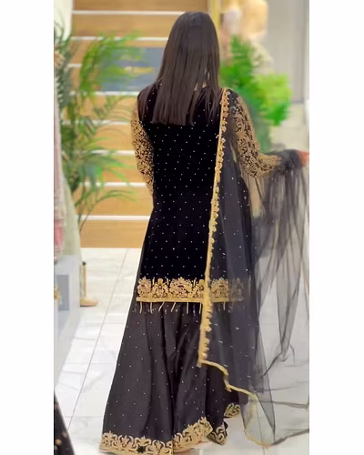 Elegant Georgette Suit with Cording Sequence &amp; Diamond Work - Multiple Sizes Available-Black-L-5