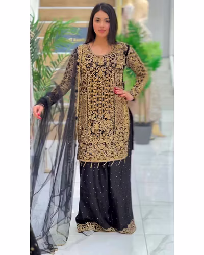 Elegant Georgette Suit with Cording Sequence &amp; Diamond Work - Multiple Sizes Available-RLG1818-Black-XXL