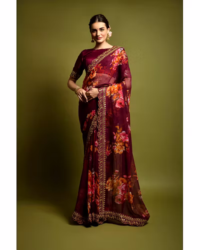 Chiffon Saree Adorned with Sequins and Cord Embroidery With Blouse Piecs-RNC5190-Wine