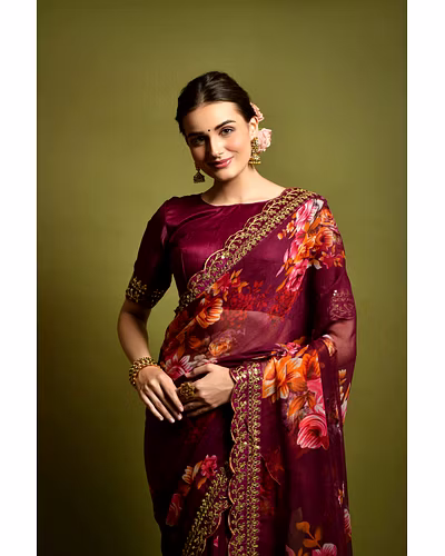 Chiffon Saree Adorned with Sequins and Cord Embroidery With Blouse Piecs-1