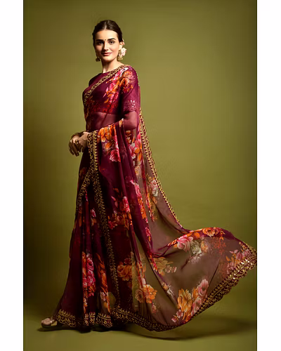 Chiffon Saree Adorned with Sequins and Cord Embroidery With Blouse Piecs-2