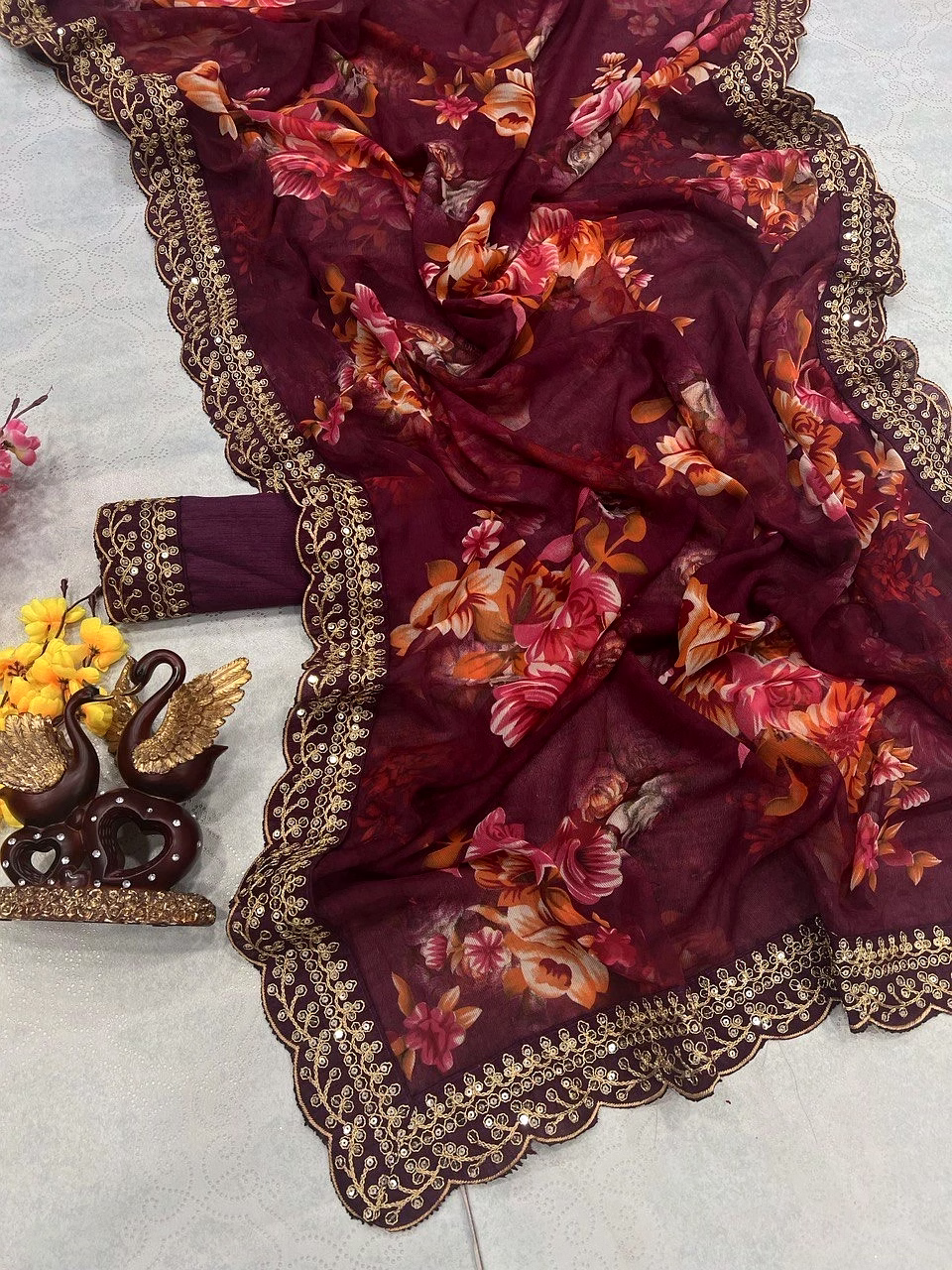 Chiffon Saree Adorned with Sequins and Cord Embroidery With Blouse Piecs image 5