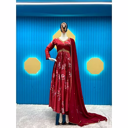ynf embroidered chinon gown with silk inner, micro bottom & georgette dupatta