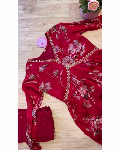 Embroidered Chinon Gown with Silk Inner, Micro Bottom &amp; Georgette Dupatta-Red-XXL-4