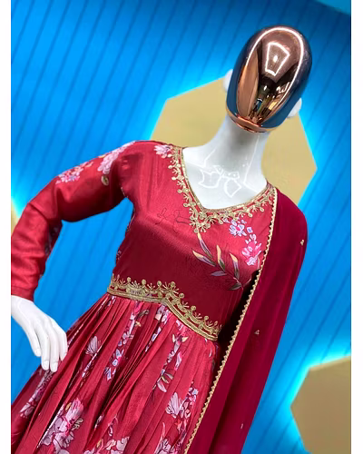 Embroidered Chinon Gown with Silk Inner, Micro Bottom &amp; Georgette Dupatta-Red-M-1