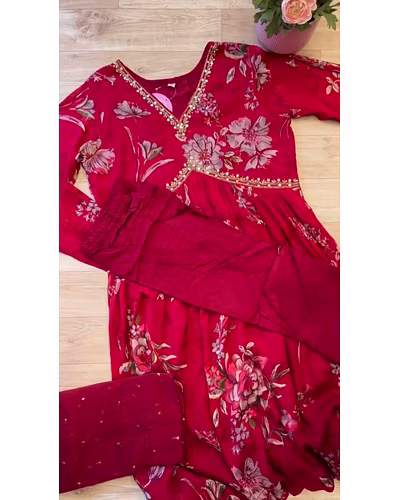 Embroidered Chinon Gown with Silk Inner, Micro Bottom &amp; Georgette Dupatta-Red-M-3