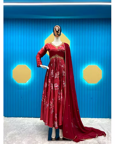 Embroidered Chinon Gown with Silk Inner, Micro Bottom &amp; Georgette Dupatta-RLG1808-Red-XL