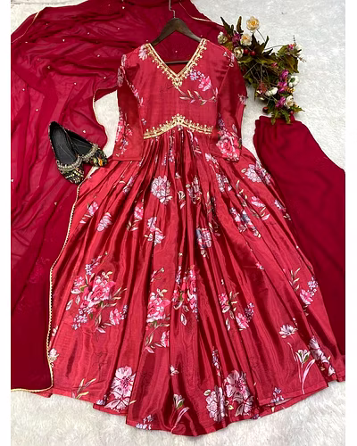 Embroidered Chinon Gown with Silk Inner, Micro Bottom &amp; Georgette Dupatta-Red-L-2