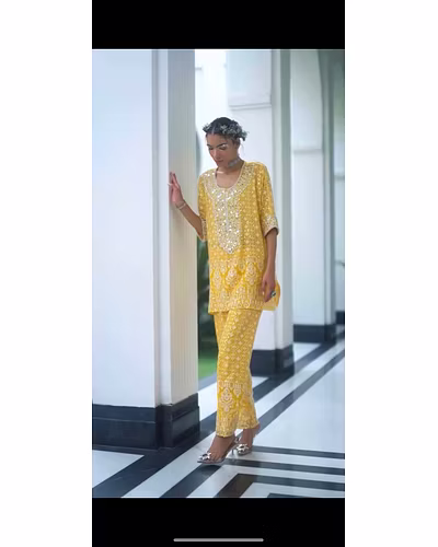 Elegant Faux Georgette Suit with Cotton Thread Embroidery and Mirror Work - Multiple Sizes-RLG1805-Yellow-M