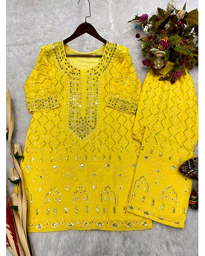 Elegant Faux Georgette Suit with Cotton Thread Embroidery and Mirror Work - Multiple Sizes-Yellow-XXL-5