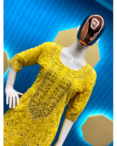 Elegant Faux Georgette Suit with Cotton Thread Embroidery and Mirror Work - Multiple Sizes-Yellow-M-4