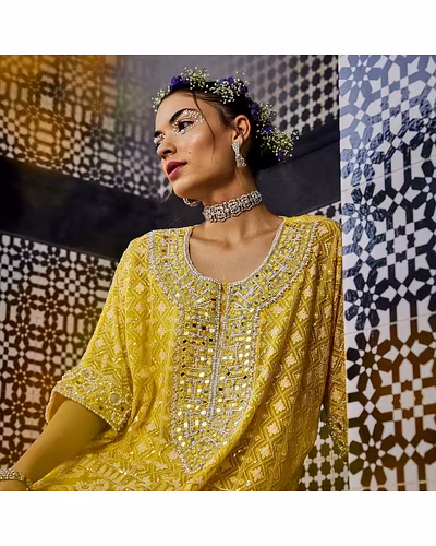 Elegant Faux Georgette Suit with Cotton Thread Embroidery and Mirror Work - Multiple Sizes-Yellow-L-1
