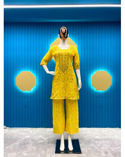 Elegant Faux Georgette Suit with Cotton Thread Embroidery and Mirror Work - Multiple Sizes-Yellow-L-3