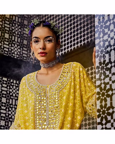 Elegant Faux Georgette Suit with Cotton Thread Embroidery and Mirror Work - Multiple Sizes-Yellow-XL-2