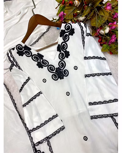 Elegant Maslin Embroidered Top &amp; Lace Pant Set with Dupatta - Sizes M to XXL-White-M-5