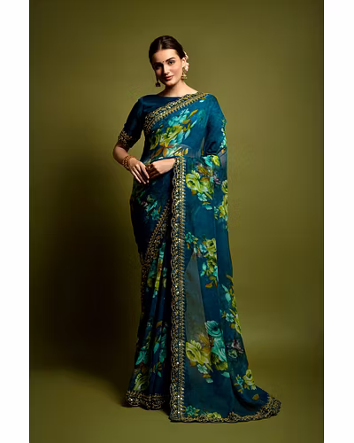 Chiffon Saree Adorned with Sequins and Cord Embroidery With Blouse Piecs-RNC5190-Blue