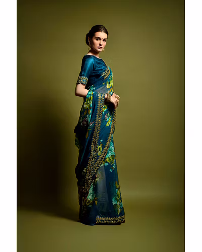 Chiffon Saree Adorned with Sequins and Cord Embroidery With Blouse Piecs-1