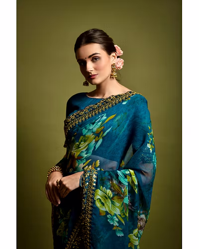 Chiffon Saree Adorned with Sequins and Cord Embroidery With Blouse Piecs-2