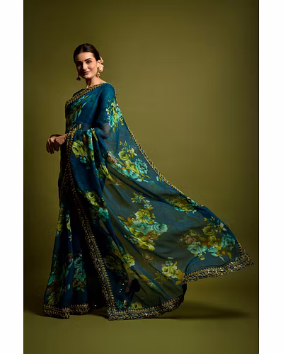 Chiffon Saree Adorned with Sequins and Cord Embroidery With Blouse Piecs-3
