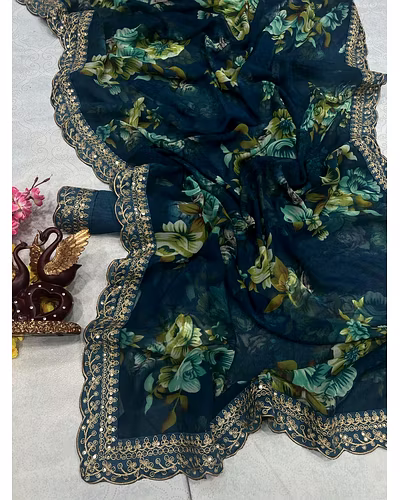 Chiffon Saree Adorned with Sequins and Cord Embroidery With Blouse Piecs-4
