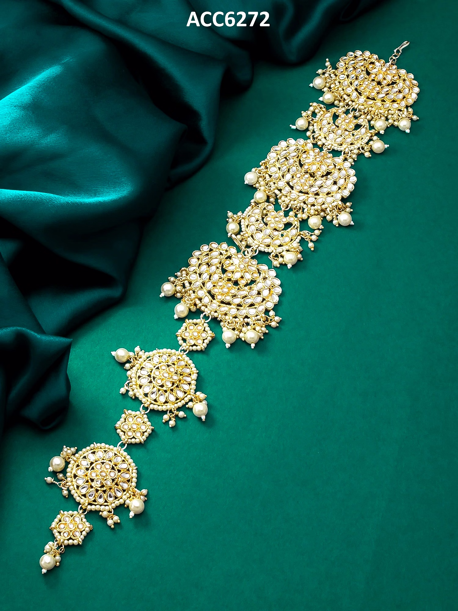 Vermont Gold Plated Floral White Kundan Bridal Wedding Hair Braid Choti Extension Braid Extension  (White) image 1
