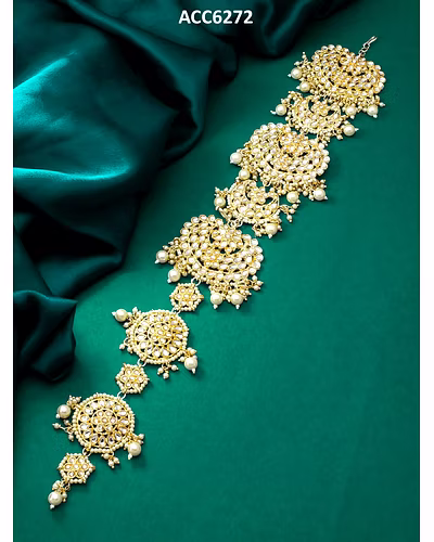 Vermont Gold Plated Floral White Kundan Bridal Wedding Hair Braid Choti Extension Braid Extension  (White)-LOX6272
