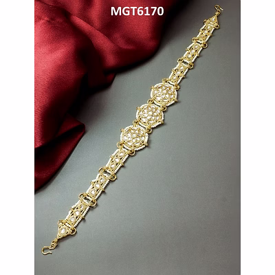 ynf women's new alloy fancy bridal matha patti - gold plated, pearl studded, white