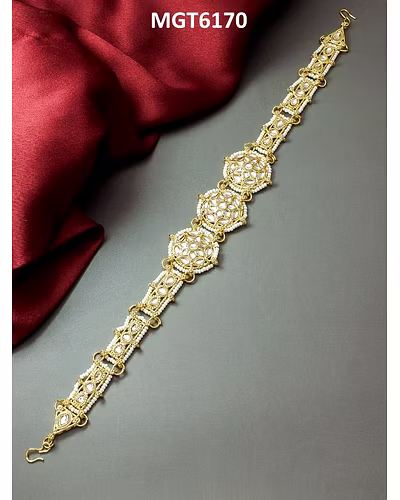WOMEN'S NEW ALLOY FANCY BRIDAL MATHA PATTI - GOLD PLATED, PEARL STUDDED, WHITE-LOX6170