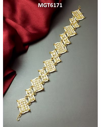 Ethnic Rajasthani Maang Teeka Borla with Pearls and Gold Strings for Weddings-LOX6171
