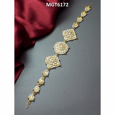 ynf kundan premium bridal matha patti, gold plated brass & copper with pearls