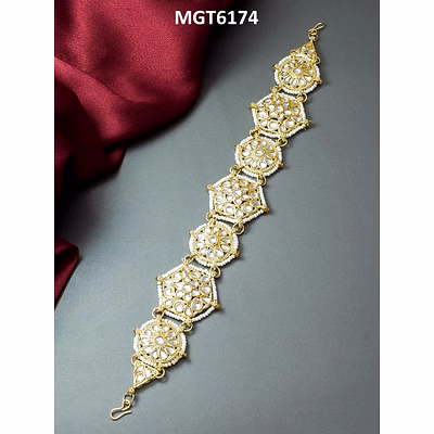 ynf brass ethnic rajputi mathapatti with kundan pearl for women & girls - gold plated