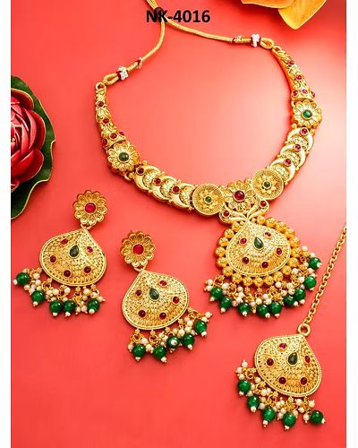 Golden Green Alloy Necklace with Kemp Stones, Beads, Earrings &amp; Maang Tikka Set-LOX4016
