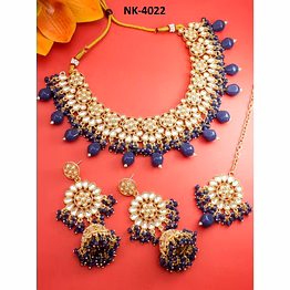 ynf blue alloy necklace with kundan, beads, earrings & maang tikka, adjustable cord