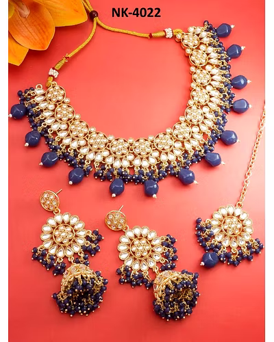 Blue Alloy Necklace with Kundan, Beads, Earrings &amp; Maang Tikka, Adjustable Cord-LOX4022