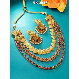 ynf multi layered long goddess laxmi necklace with green & pink stones, earrings, maangtikka & ring