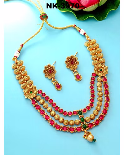 Regal Kundan-Studded Handpainted Gold-Plated Necklace &amp; Earrings Set-LOX3970