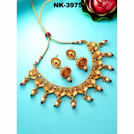 ynf gold plated pearl necklace and earrings set - adjustable, stone studded, multi-color