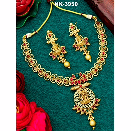 ynf gold-plated stones-studded beads temple jewellery set - necklace & earrings