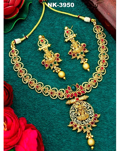 Gold-Plated Stones-Studded Beads Temple Jewellery Set - Necklace &amp; Earrings-LOX3950