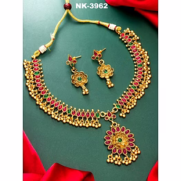 ynf premium handcrafted brass necklace set with unpolished ruby/emerald and earrings