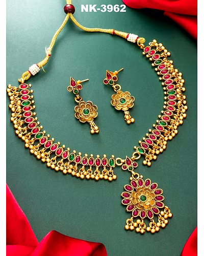 Premium Handcrafted Brass Necklace Set with Unpolished Ruby/Emerald and Earrings-LOX3962
