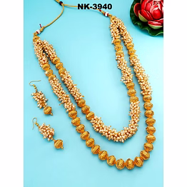 ynf golden alloy layered necklace with beads and matching earrings set