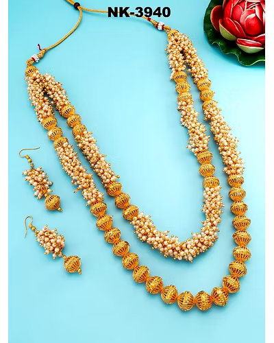 Golden Alloy Layered Necklace with Beads and Matching Earrings Set-LOX3940