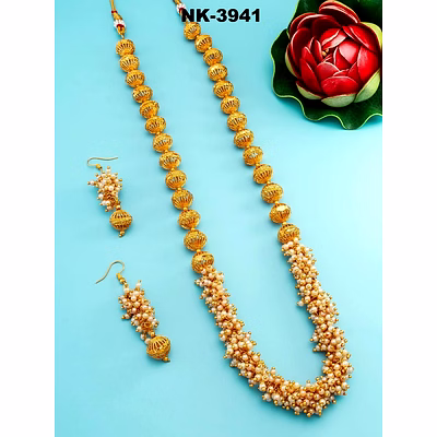 ynf golden alloy layered necklace with beads and matching earrings set