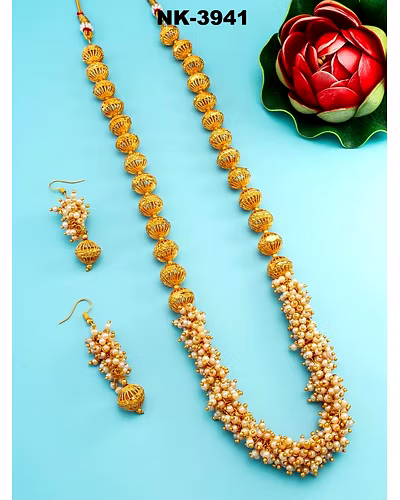 Golden Alloy Layered Necklace with Beads and Matching Earrings Set-LOX3941