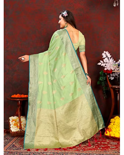 Soft Katan Silk Saree with Exquisite Zari Weaving, Resplendent Pallu, and Silk Weaving Blouse Piece-Green-1