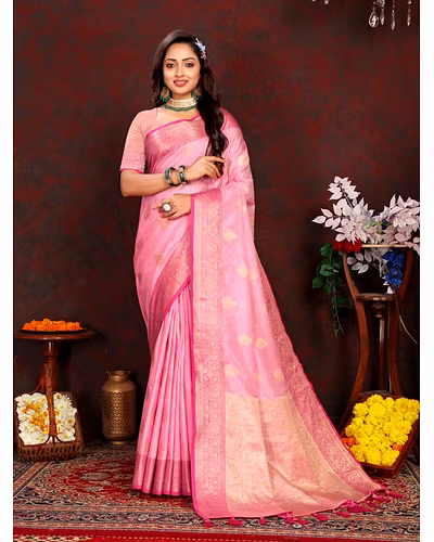 Soft Katan Silk Saree with Exquisite Zari Weaving, Resplendent Pallu, and Silk Weaving Blouse Piece-RMNX-316-Pink