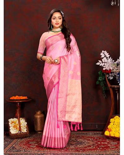 Soft Katan Silk Saree with Exquisite Zari Weaving, Resplendent Pallu, and Silk Weaving Blouse Piece-Pink-1