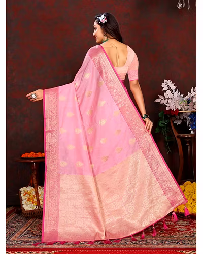 Soft Katan Silk Saree with Exquisite Zari Weaving, Resplendent Pallu, and Silk Weaving Blouse Piece-Pink-3