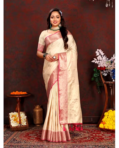 Soft Katan Silk Saree with Exquisite Zari Weaving, Resplendent Pallu, and Silk Weaving Blouse Piece-RMNX-316-Beige